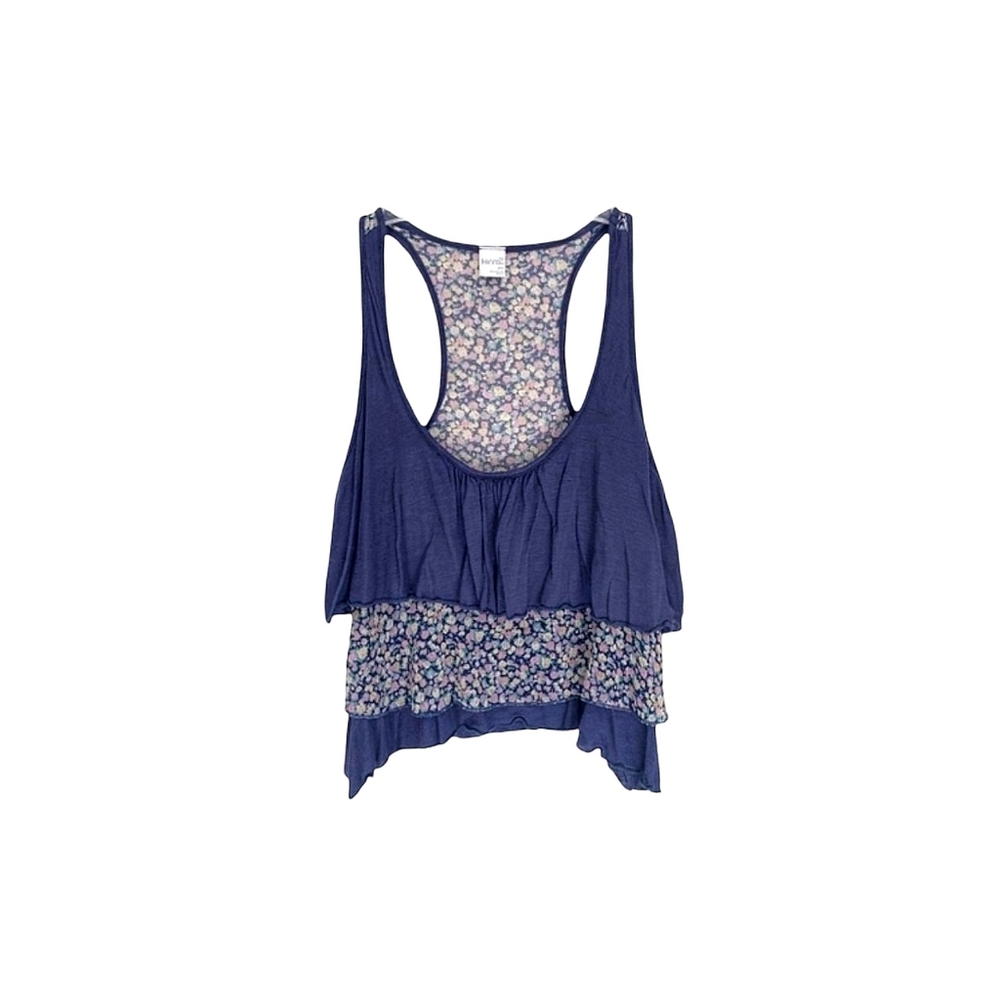 Anthropologie Kirra Flounce Ruffle Blue Rose Floral Racer Back Tank Top Size S